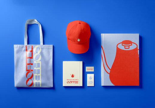 Branding Mockup Set with Tote Bag Cap And Notebook Flat Lay