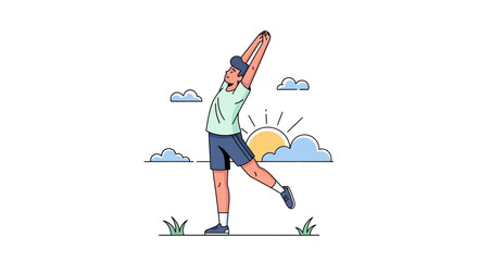 Fototapeta premium Person stretching in a park on a sunny day with clouds and sun