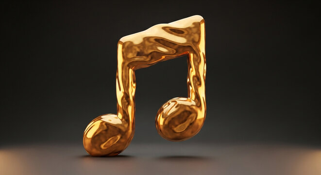 Golden 3d liquid music note icon on dark background with reflective surface and warm lighting