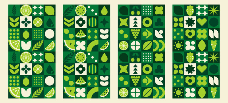 Geometric agriculture mosaic story featuring fruit shapes and organic leaf pattern.