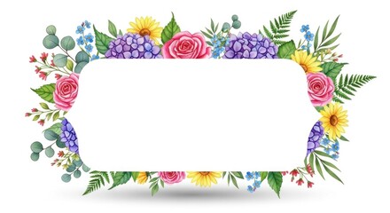 Fototapeta premium Watercolor floral frame with pink roses, yellow daisies, purple hydrangeas, and green leaves on a white background.