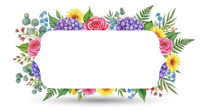 Watercolor floral frame with pink roses, yellow daisies, purple hydrangeas, and green leaves on a white background.