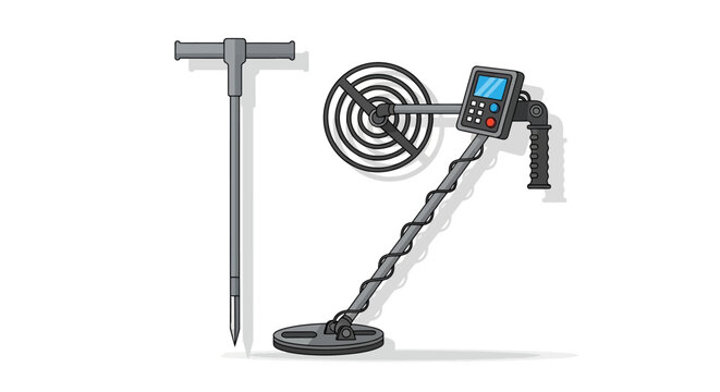A metal detector and its accessories are laid out on a surface for use.