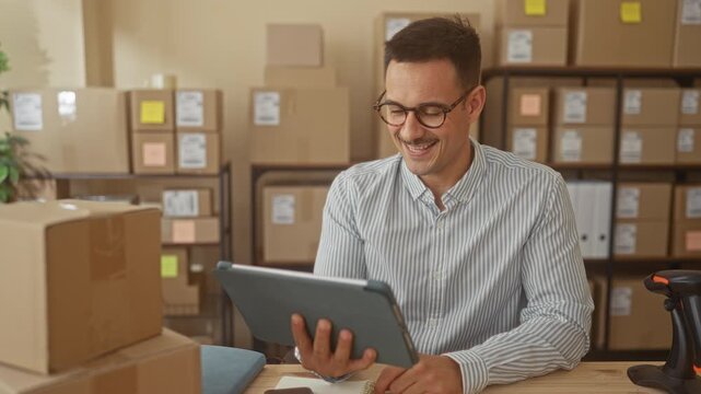 Young man holding tablet with visible hands amid stacked boxes in a building; determined entrepreneurship.