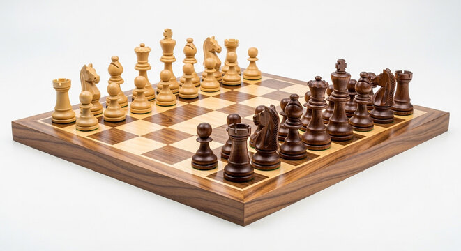Wooden chess board with pieces set up for game on white background strategy and competition concept