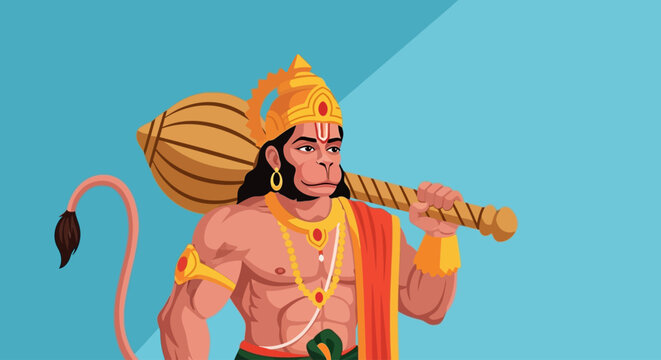 Illustration of Hanuman holding a mace in a powerful stance