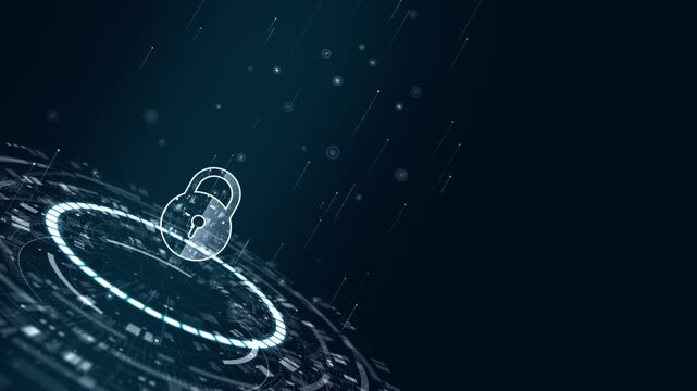 Motion graphic of digital padlock over futuristic HUD interface with glowing security ring and falling data streaks, designed for cybersecurity, privacy, encryption, and protection video.