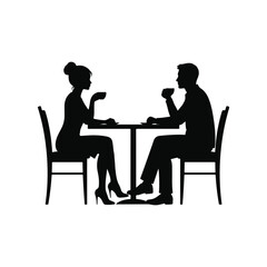 Fototapeta premium Couple sitting at table, people eating, restaurant silhouettes, black vector icons