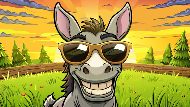 Cartoon donkey, smiling, wearing sunglasses, vector illustration, funny animal, colorful