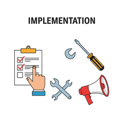 Naklejka premium Illustration of implementation process with checklist, tools, and communication elements for project execution.