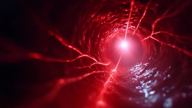 Intricate Visualization of the Inner Lumen: A Glimpse into the Radiant Depths and Network Within the Vascular Structure, Highlighting Red Hue and Neurological Lines