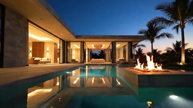 Luxurious modern villa by a turquoise pool at dusk, warm interiors glow, palm silhouettes reflected