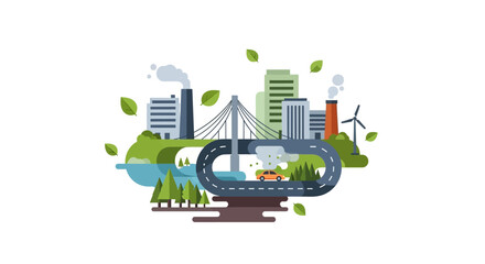 Fototapeta premium Urban Environmental Challenges: Flat Design Cityscape Illustrating Industrial Pollution, Vehicle Emissions, and Green Energy Transition Efforts