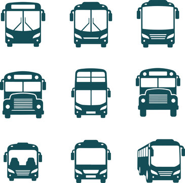 Blue bus icons front view collection on transparent background vector.