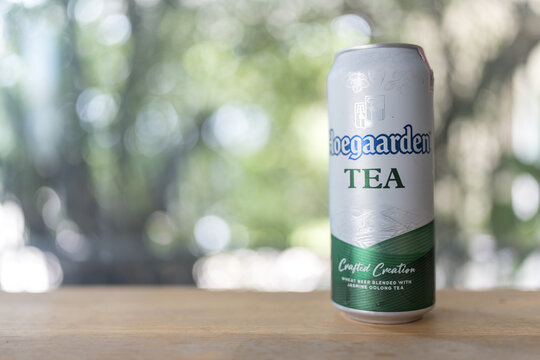 Bangkok, Thailand - March 25, 2026 : Hoegaarden TEA, Jasmine Oolong Tea, 500ml cans