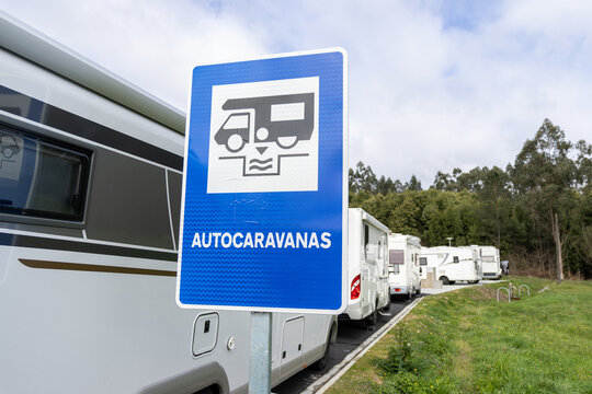 Close up of a Autocaravanas sign at RV parking area in Galicia, Spain