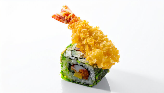 Crispy tempura shrimp sushi roll with green tobiko and crab stick