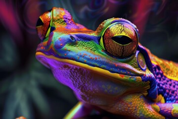 Naklejka premium Vibrant exotic frog with intense colors in a psychedelic style, perfect for nature and wildlife projects