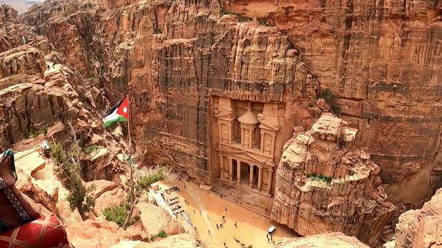 The Treasury in Petra, Jordan archeological site seen from the above tea house.
