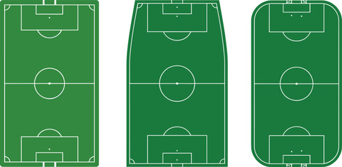 Soccer field illustration, three layouts, green grass, white markings, rectangular design, concave sides, rounded corners, football pitch comparison, sports diagram ©  Miller