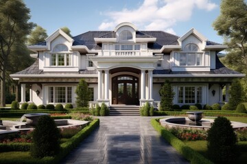 Fototapeta premium Large luxurious mansion with paved driveway, manicured gardens, and ornate fountains