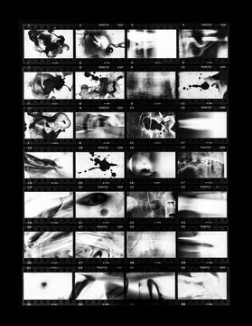 High-contrast abstract 35mm contact sheet inspired by analog film photography, featuring organic ink shapes, experimental textures, and light leaks.