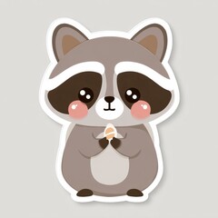 Naklejka premium Kawaii Raccoon Illustration With Shiny Eyes and Rosy Cheeks Holding Food in a Cute Round Form on a White Background