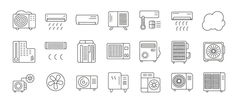 Diverse set of vector line art icons representing air conditioning systems and fans.