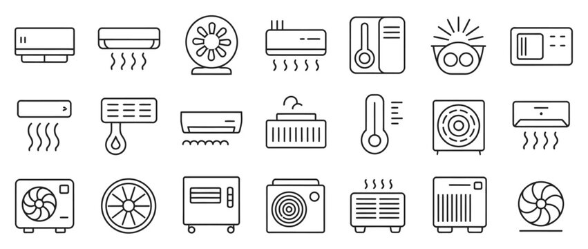 Outline icons for air conditioners, fans, thermometers, and climate control equipment.