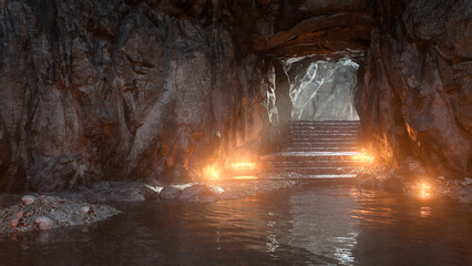 Stone steps leading down to a dark underground cave flooded with water and lit by candles. 3D rendered illustration.