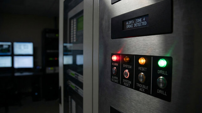 Fire alarm system panel with active alert for smoke detected and system trouble indicators illuminated