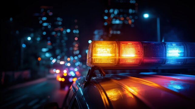 Close up of emergency vehicle light bar flashing red and blue on city street at night with blurred ambulance in background