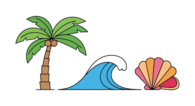 A colorful illustration of a palm tree standing beside a large wave and a seashell on the beach.