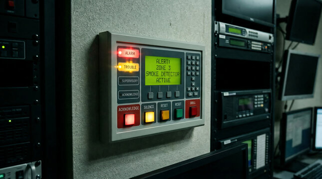 Fire Alarm System Panel with Active Smoke Detector Alert on Zone 1