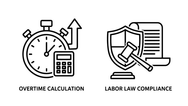 Overtime calculation and labor law compliance vector line icons