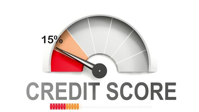 Credit score meter showing falling values of credit score. Diminishing to minimum, reaching zero, below the norm. Lack of credit score. No AI, made by humans for humans.