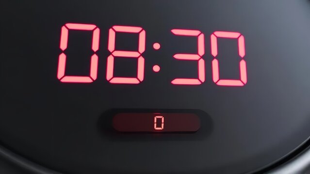 red digital clock display showing 08:30