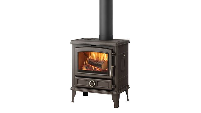 Wood burning stove, cast iron fireplace, warm flames, home heating