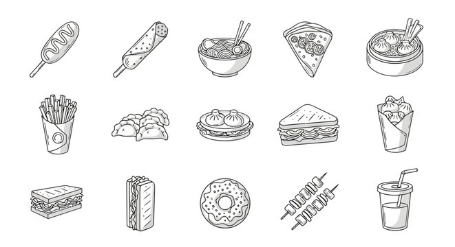 A vintage collection of hand-drawn food and drink icons featuring a seamless vector pattern of bread, pizza, and bakery sketches in a doodle art style for restaurant design