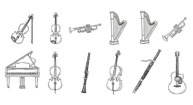 Vintage collection of metal drawing tools and musical instruments featuring a vector illustration set with guitar, violin, and design icons