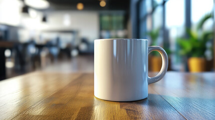 Fototapeta premium A white coffee mug sits on a wooden table in a blurred cafe background