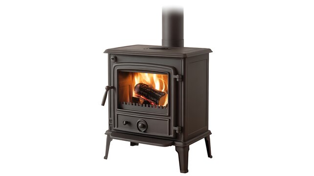 Wood burning stove, cast iron fireplace, lit flames, home heating, warm ambiance