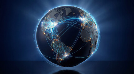Fototapeta premium A glowing globe with illuminated connections between cities on a dark blue background
