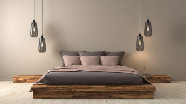 Modern bedroom interior with bed pillows lighting and wooden platform