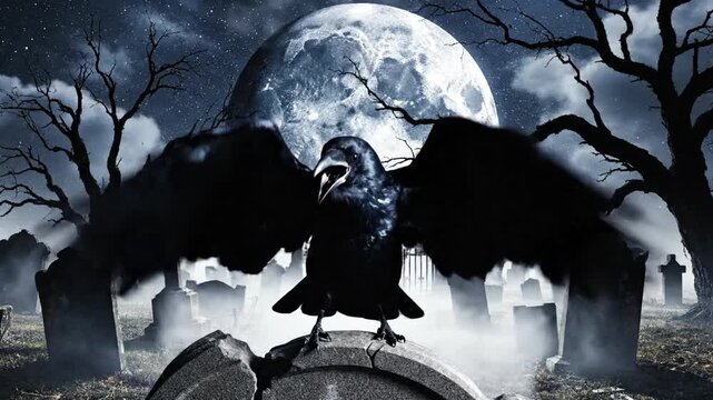Night cemetery scene raven atop a tomb beneath a looming full moon, bare trees, mist. night, eerie