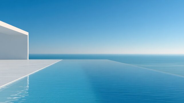 Tranquil infinity pool overlooking ocean and clear blue sky on sunny day
