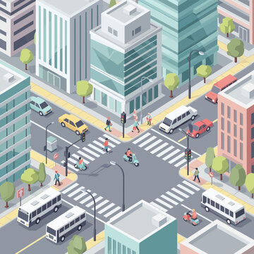 Isometric City Intersection with Traffic and Pedestrians