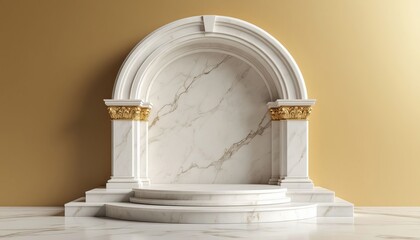 Fototapeta premium The marble architectural feature showcases a rounded arch and columns, creating a classic design. The golden accents highlight the elegance of the marble setting and details.