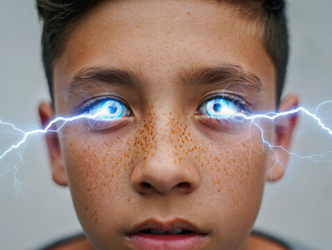 Striking closeup portrait of a young boy with intense, glowing eyes emit electric lightning bolts surge from his pupils. High contrast supernatural effect creates a powerful superhuman energy