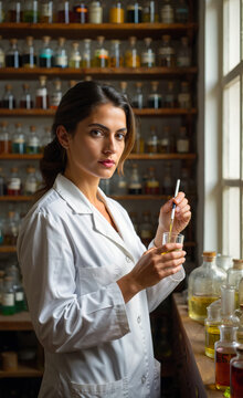 A vintage lab setting and a woman in white coat carefully drips oils into a glass. Female pharmacist or professional perfumer surrounded by wooden shelves filled with antique apothecary jars